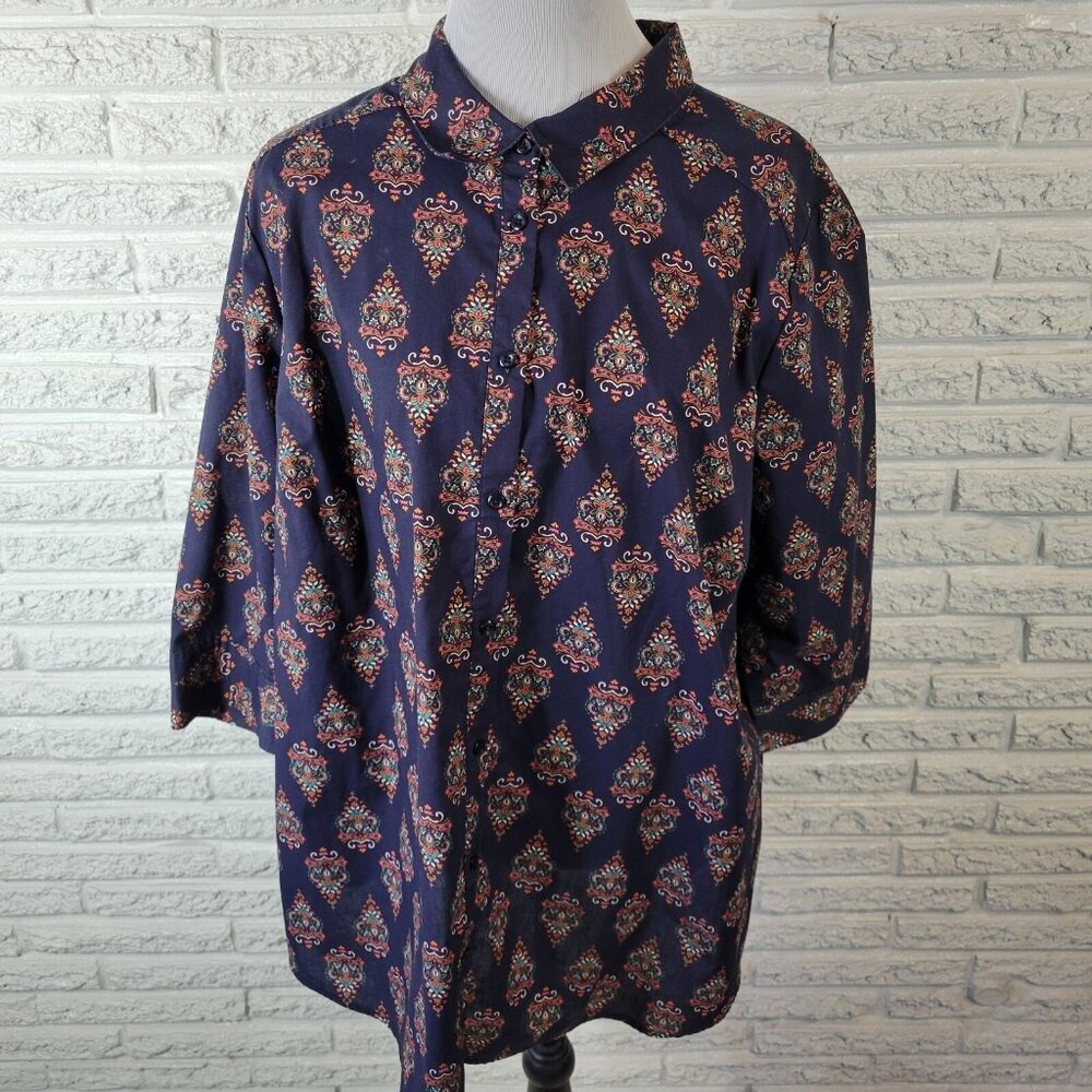 Roaman's Women 24W Plus Size Top Blue Geometric Collared Button GEO15XE